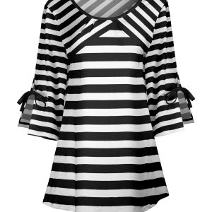 Lily by Firmiana Women's Round Neck Tunic with Split Hem ¾ Sleeves and Tie Detail Black & White Horizontal Stripe