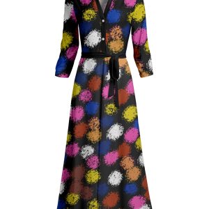 Lily by Firmiana Women's Long Sleeve Collared Maxi Dress with Tie Multicolor Dot Abstract