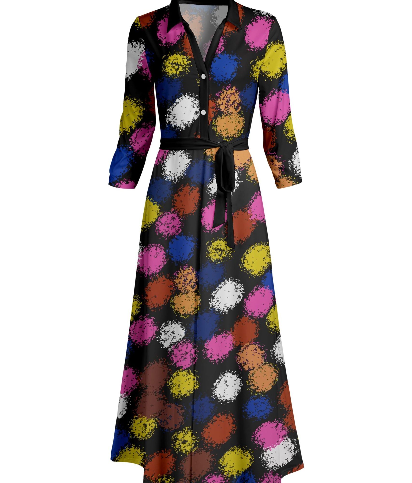 Lily by Firmiana Women's Long Sleeve Collared Maxi Dress with Tie Multicolor Dot Abstract