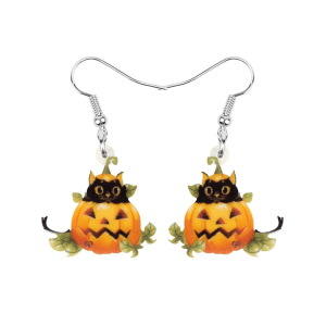 Black Cat In Jack-o-lantern Drop Earrings