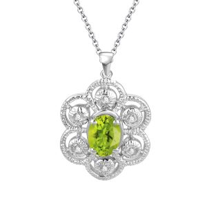 Sterling Silver Natural Peridot and White Topaz Floral Pendant with 18 Cable Chain