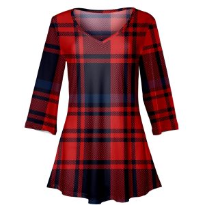 Lily by Firmiana Women's ¾ Sleeve V-Neck Tunic Red & Navy Plaid Holiday Print