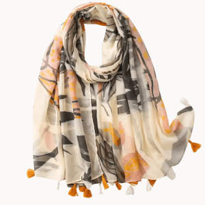 Ivory Rose and Greige Vintage Floral Design Scarf with Tassels