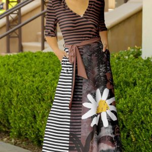 Lily by Firmiana Women's ? Sleeve Wrap-Style Maxi Dress with Tie Black & Taupe Daisy Border