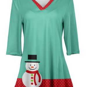 Lily by Firmiana Women's 3/4 Sleeve Notch Neck Tunic Aqua Snowman Holiday Top