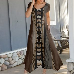 Lily by Firmiana Women's Cap Sleeve Fishtail Maxi Dress Brown & Tan Aztec Stripe
