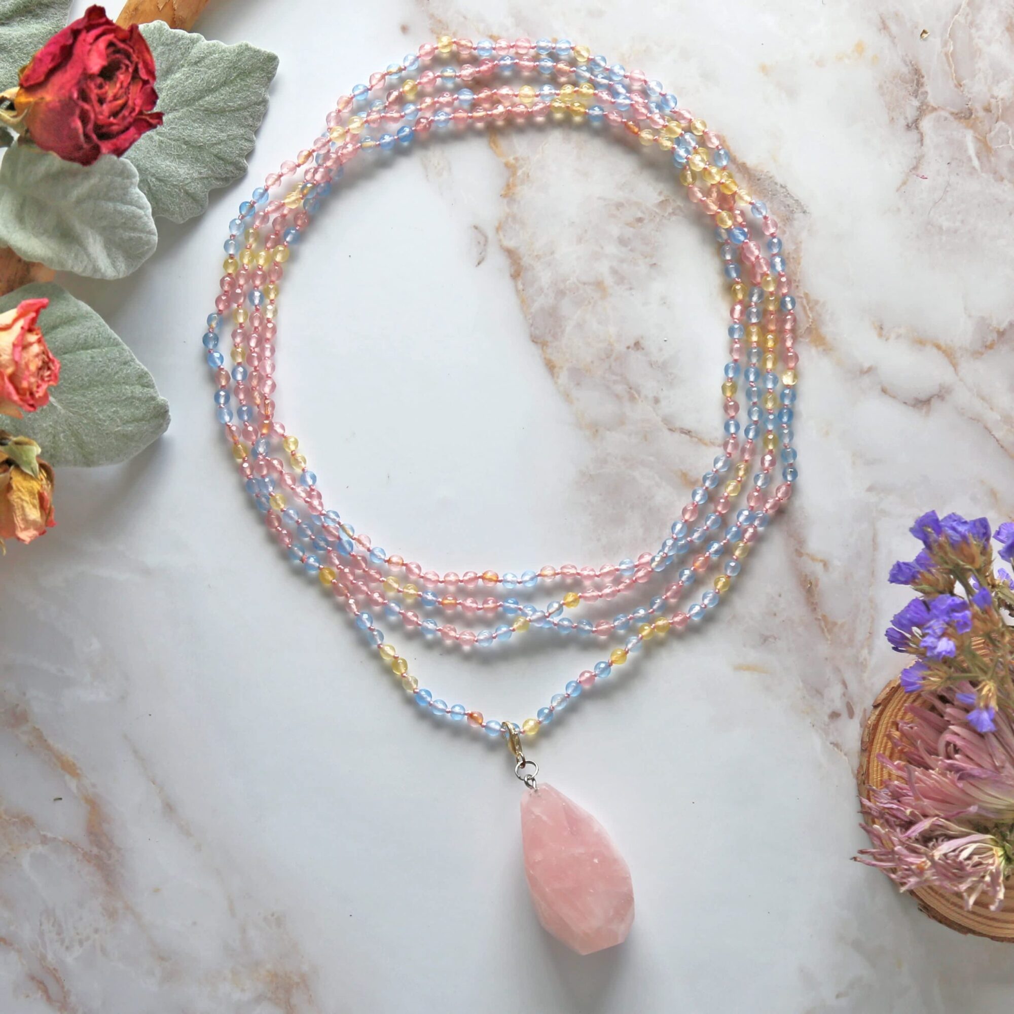 MGR 70 Women's 4MM Pastel Agate Beaded Necklace with a Rose Quartz Pendant
