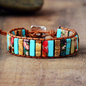 Micalla Sun Jasper Turquoise Stone Bar Leather Bracelet