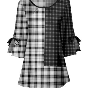 Lily by Firmiana Women's Round Neck Tunic with Split Hem ¾ Sleeves and Tie Detail Black & White Gingham Patchwork