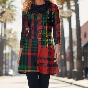 Lily by Firmiana Women's Long Sleeve Cowl Neck Plaid Tunic Dress Red & Black Plaid Cowl Neck Tunic Dress