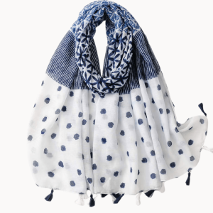 Geometric and Navy Dot Scarf with Tassels