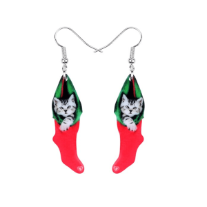 Don't AsK Kitten in Christmas Stocking Drop Earrings ?C Festive Holiday Jewellery for Women