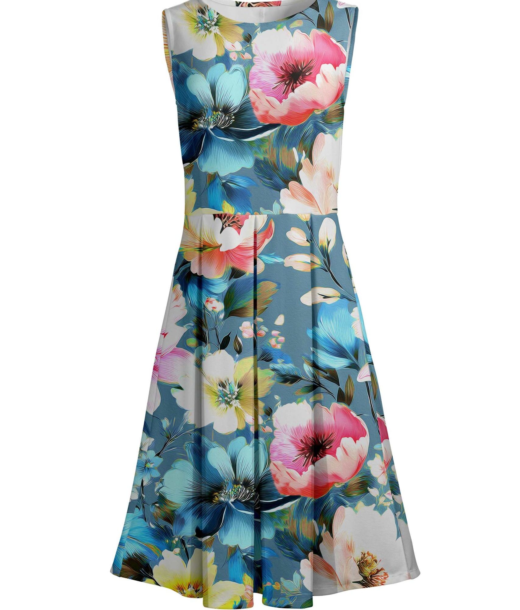 Lily by Firmiana Women's Sleeveless Dress with Pleated Skirt Blue & Pink Floral Mix