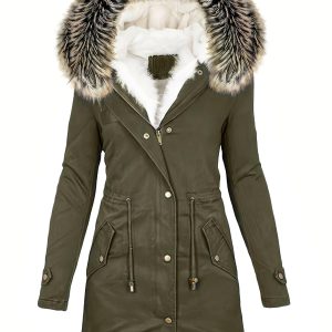 Chic YC Women's Green Warm Winter Parka Coat Fleece Lined Military Jacket Women Faux Fur Hooded Coat