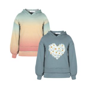 Peach Pink & Turquoise Daisy Heart & Ombre Print Hooded Top Set