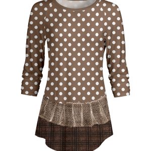 Lily by Firmiana Women's ¾ Sleeve Scoop Neck Tunic Top Taupe Polka Dot Border