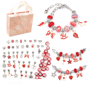 Red 60-Piece Charm Bracelet Making Kit. Jewelry Charms. Snake Chains Bracelets. DIY Craft Set