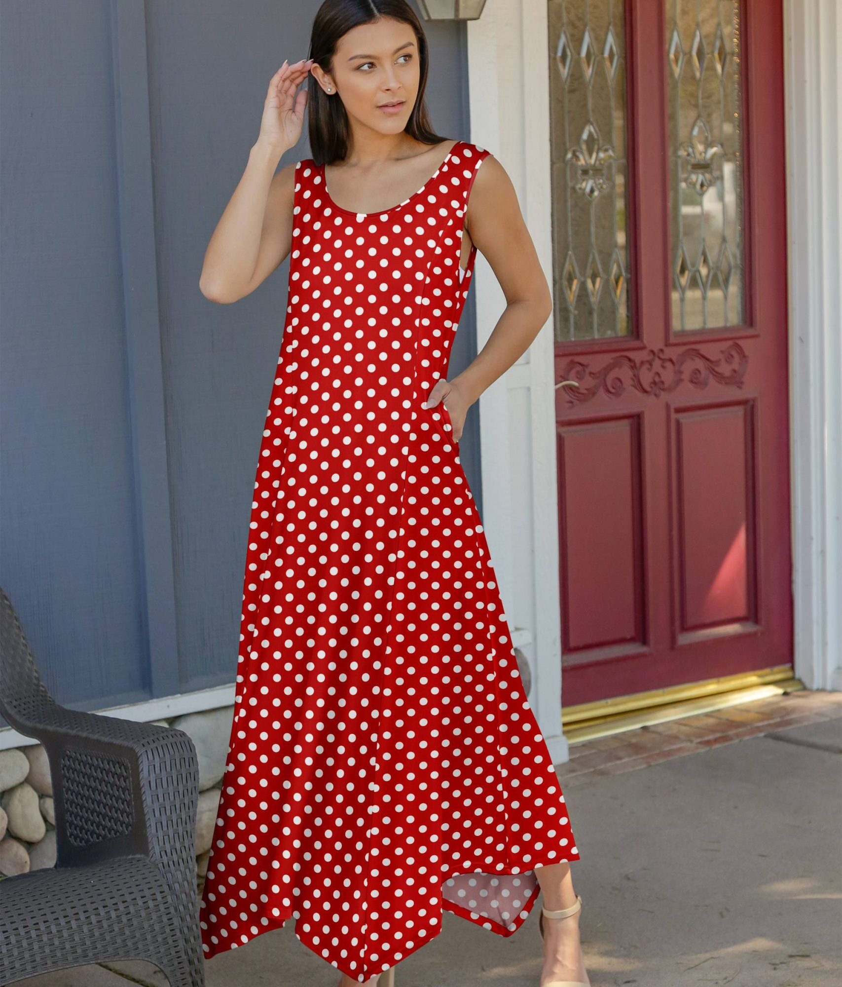 Lily by Firmiana Women's Cap Sleeve Fishtail Maxi Dress Red & White Polka Dot