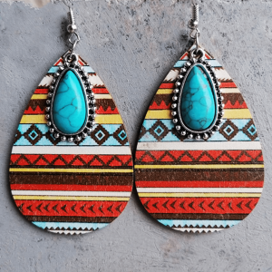 Multi Colored Patterned & Turquoise Teardrop Drop Earrings - Multi Striped
