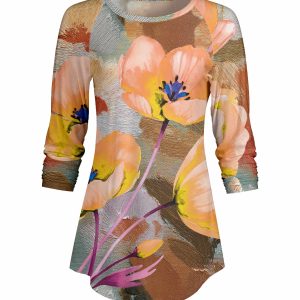 Lily by Firmiana Women's ¾ Sleeve Scoop Neck Tunic Top Orange & Brown Daisy Floral