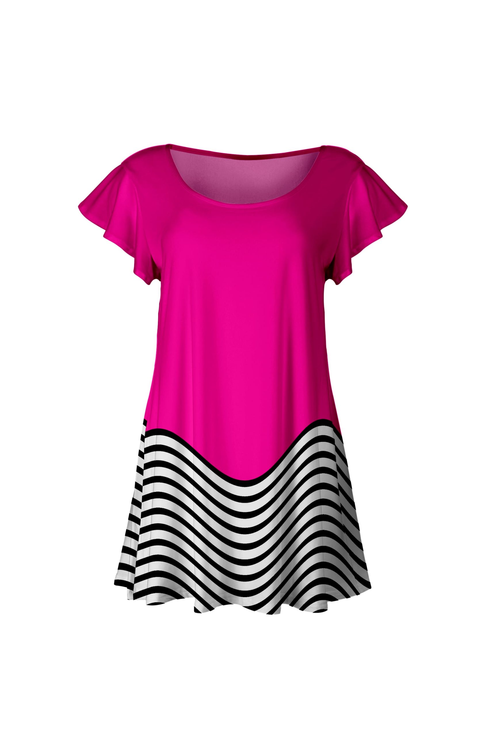 Lily by Firmiana Women's Short Sleeve Flutter Hem Tunic Top Hot Pink & Black Chevron Hem - Image 2