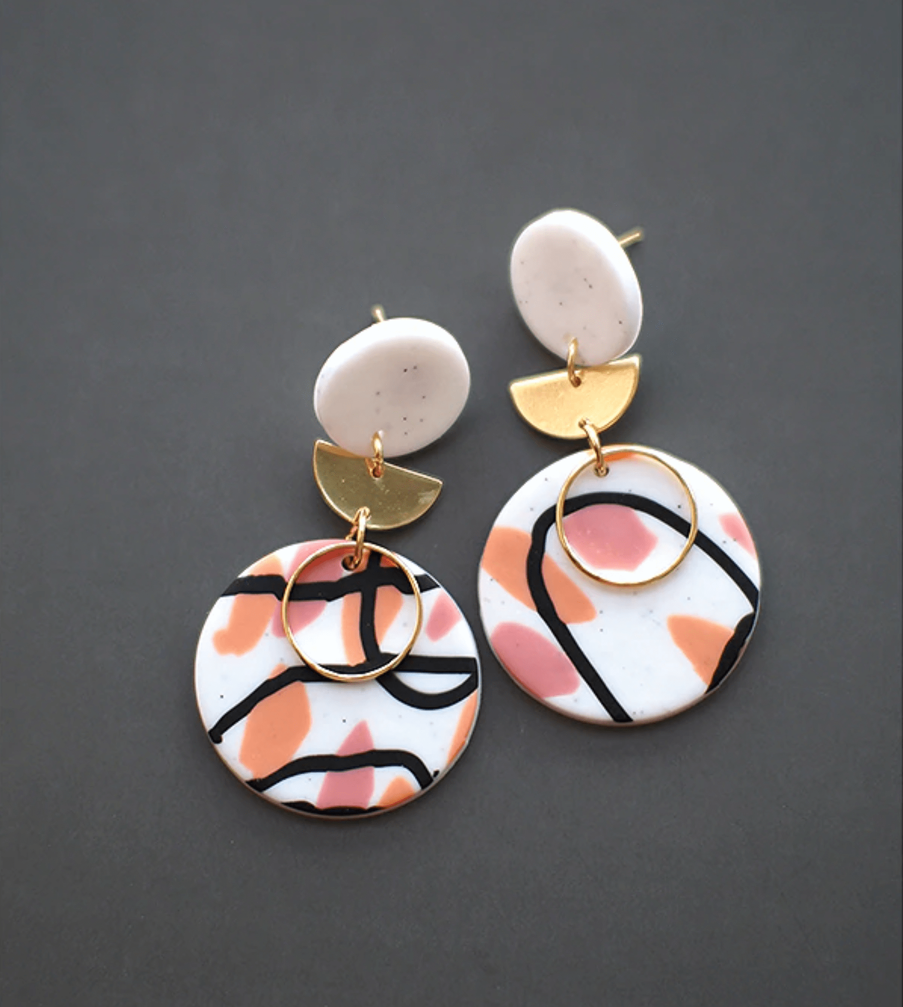 Don't AsK Pink Orange & Black Abstract Circular Goldtone Drop Earrings ?C Modern Art Dangles