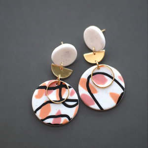 Don't AsK Pink Orange & Black Abstract Circular Goldtone Drop Earrings ?C Modern Art Dangles