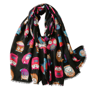 Vibrant Owl-Print Scarf in Black