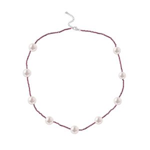 V3 Jewelry Freshwater Pearl and Natural Garnet Sterling Silver Station Necklace