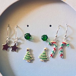 Sterling Silver Holiday Earring 4-Pair Set of Starburst. Christmass Tree. Heart. STARBURST. CHRISTMAS TREE. Snowflake Stud
