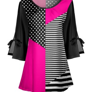 Lily by Firmiana Women's Round Neck Tunic with Split Hem ¾ Sleeves and Tie Detail Hot Pink & Black Stripe Colorblock