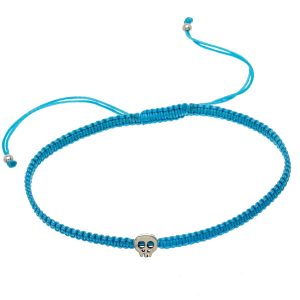 Blue Adjustable Bracelet With Sterling Silver Skull