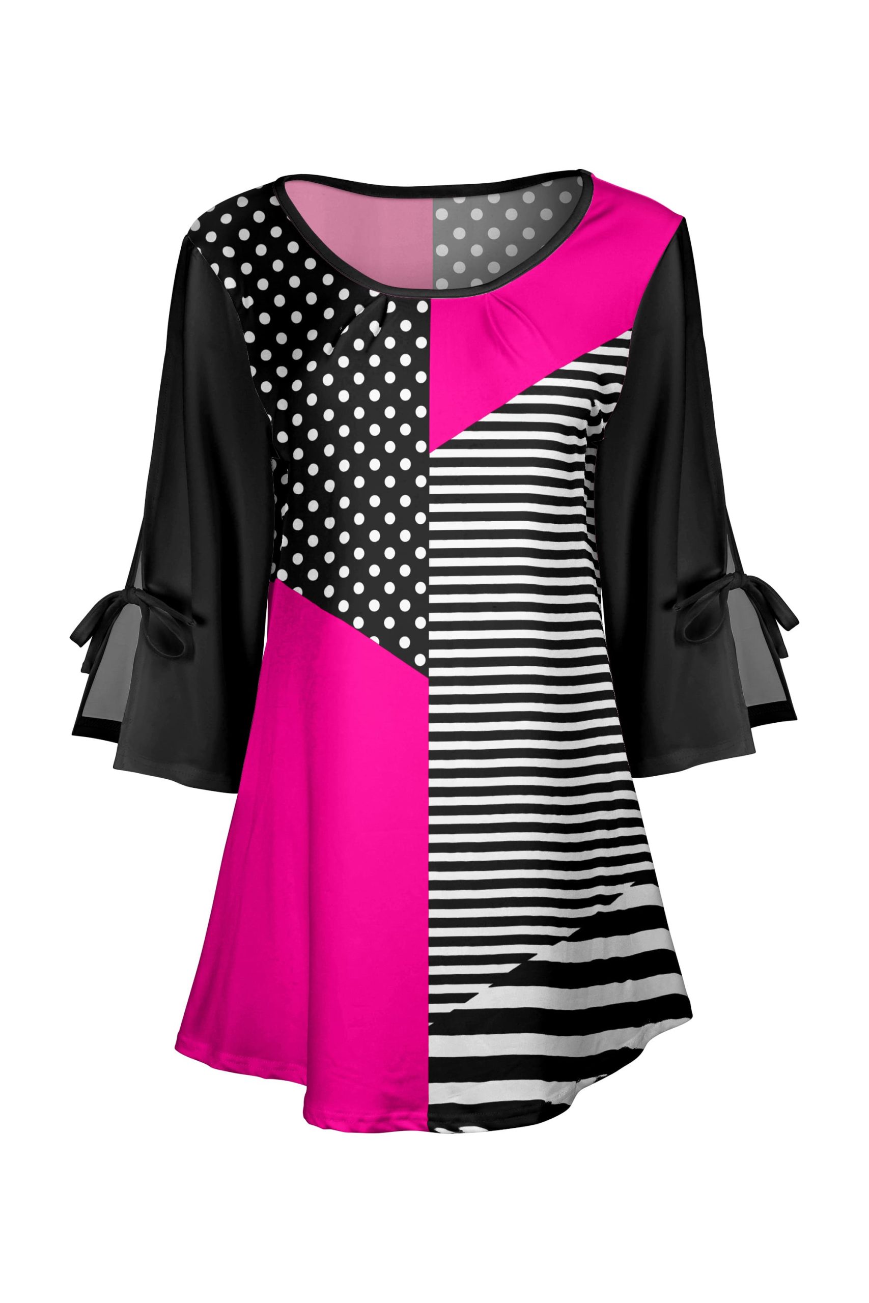 Lily by Firmiana Women's Round Neck Tunic with Split Hem ¾ Sleeves and Tie Detail Hot Pink & Black Stripe Colorblock - Image 4