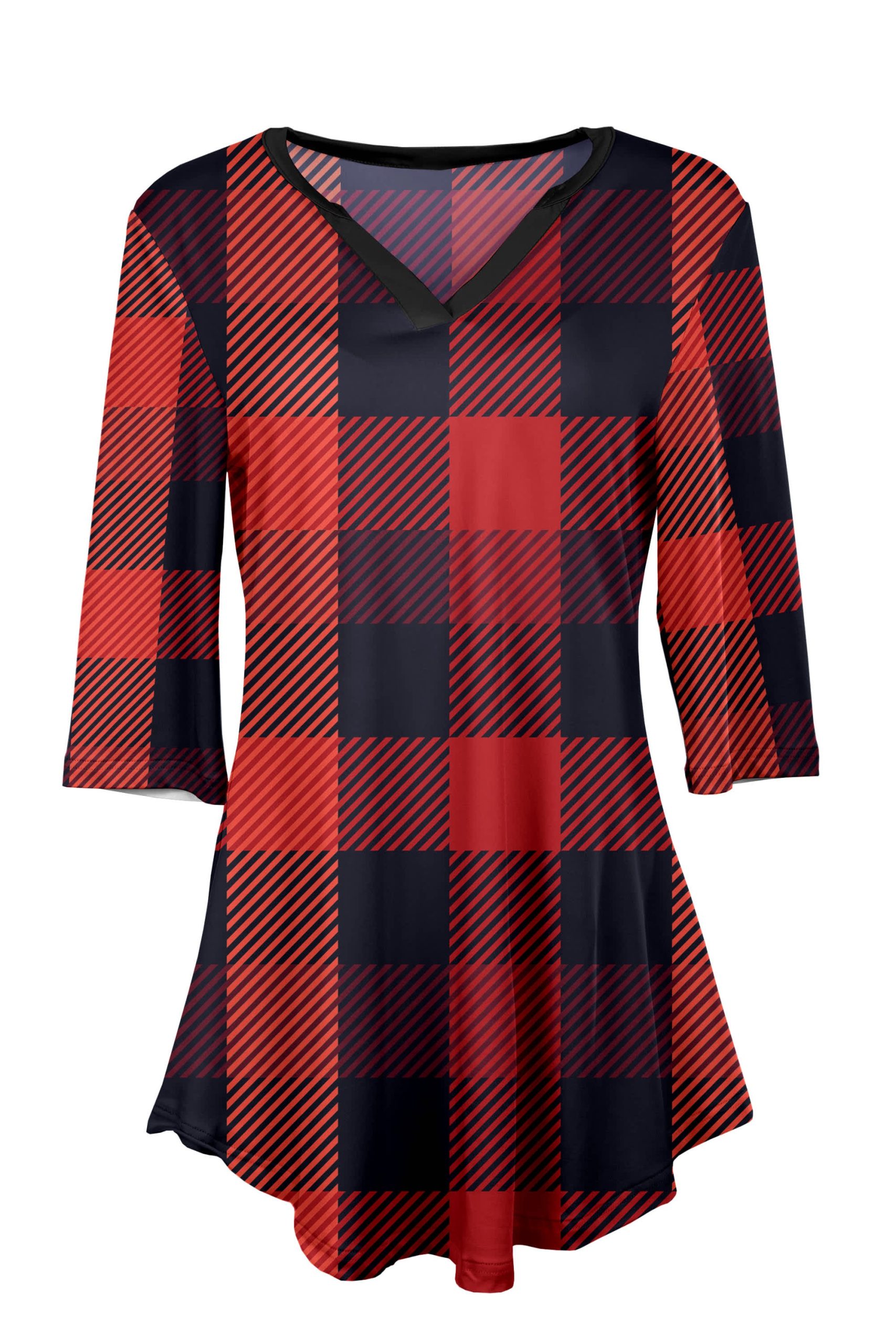 Lily by Firmiana Women's 3/4 Sleeve Notch Neck Tunic Red & Black Buffalo Plaid Holiday Print