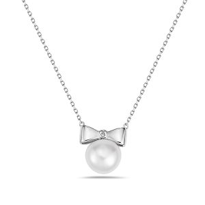 Vera & Co Women Sterling Silver Bow with 10 mm Freshwater Pearl Necklace 18 inches