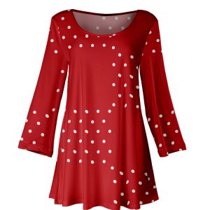 Lily by Firmiana Women's Long Sleeve Scoop Neck Flared Hem Tunic Red & White Candy Cane Dot Print