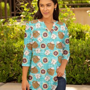 Lily by Firmiana Women's 3/4 Sleeve Notch Neck Tunic Blue and White Marshmallow Snowman Print