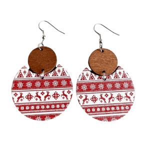 Don't AsK Red Patterned Wood Circular Drop Earrings ?C Festive Holiday Jewellery for Women