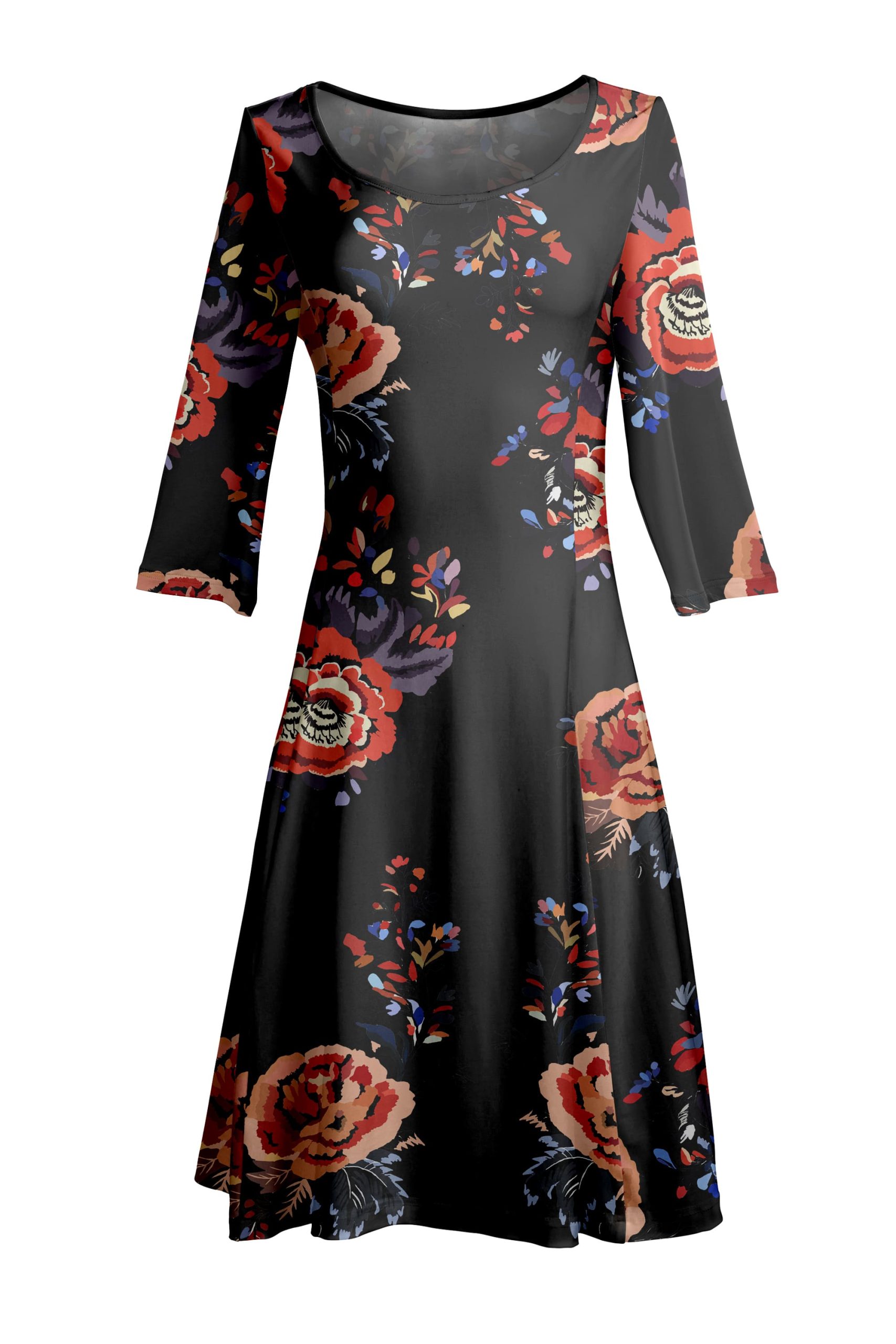 Lily by Firmiana Women's ¾ Sleeve Fit-and-Flare Dress Black & Multicolor Floral Print - Image 3