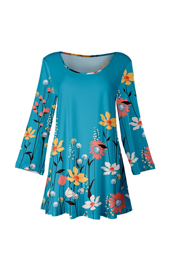 Lily by Firmiana Women's Long Sleeve Scoop Neck Flared Hem Tunic Blue Floral Print with Coral Accents - Image 4