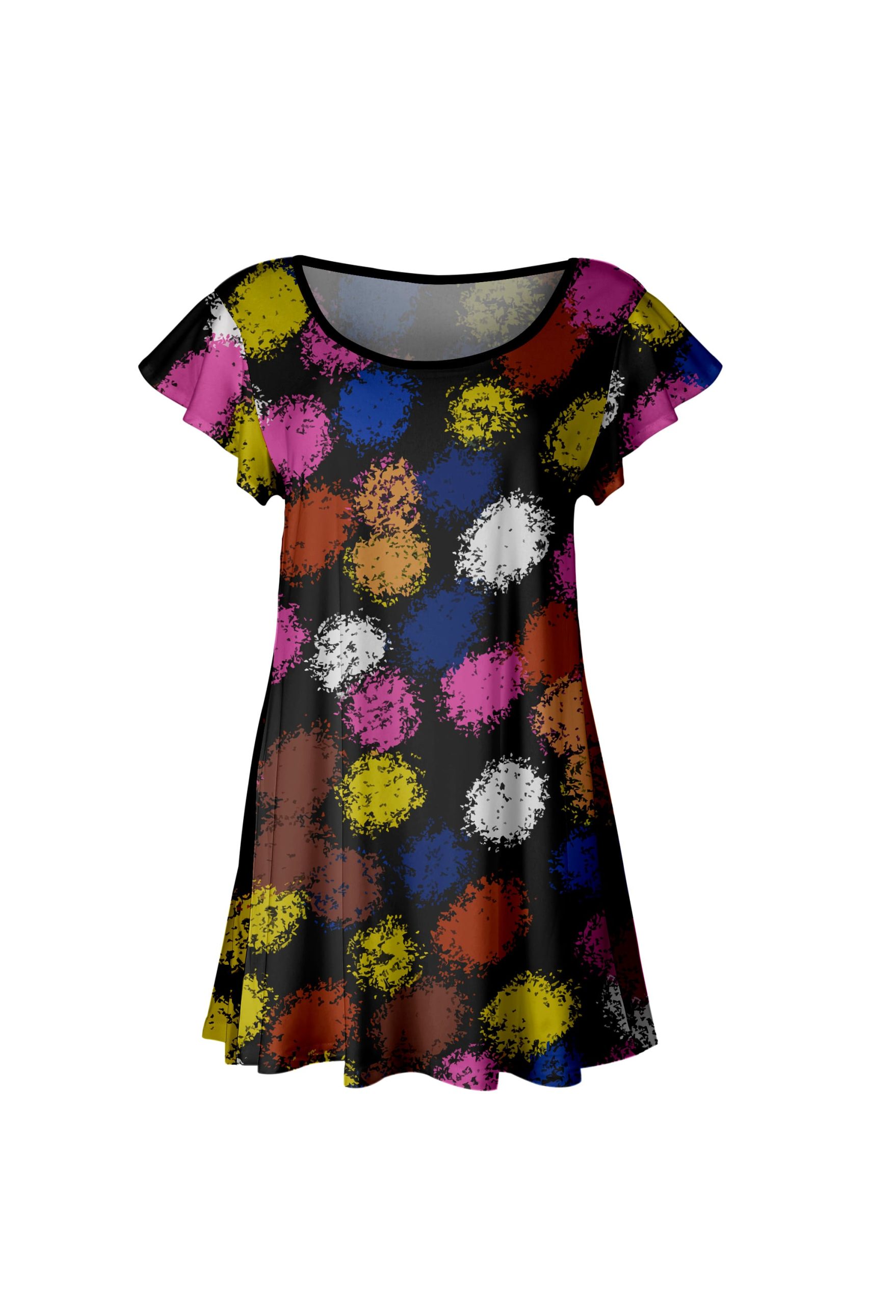 Lily by Firmiana Women's Short Sleeve Flutter Hem Tunic Top Black & Colorful Floral Mix
