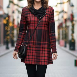 Lily by Firmiana Women's Long Sleeve Cowl Neck Tunic with Pockets Red & Black Plaid Holiday Print