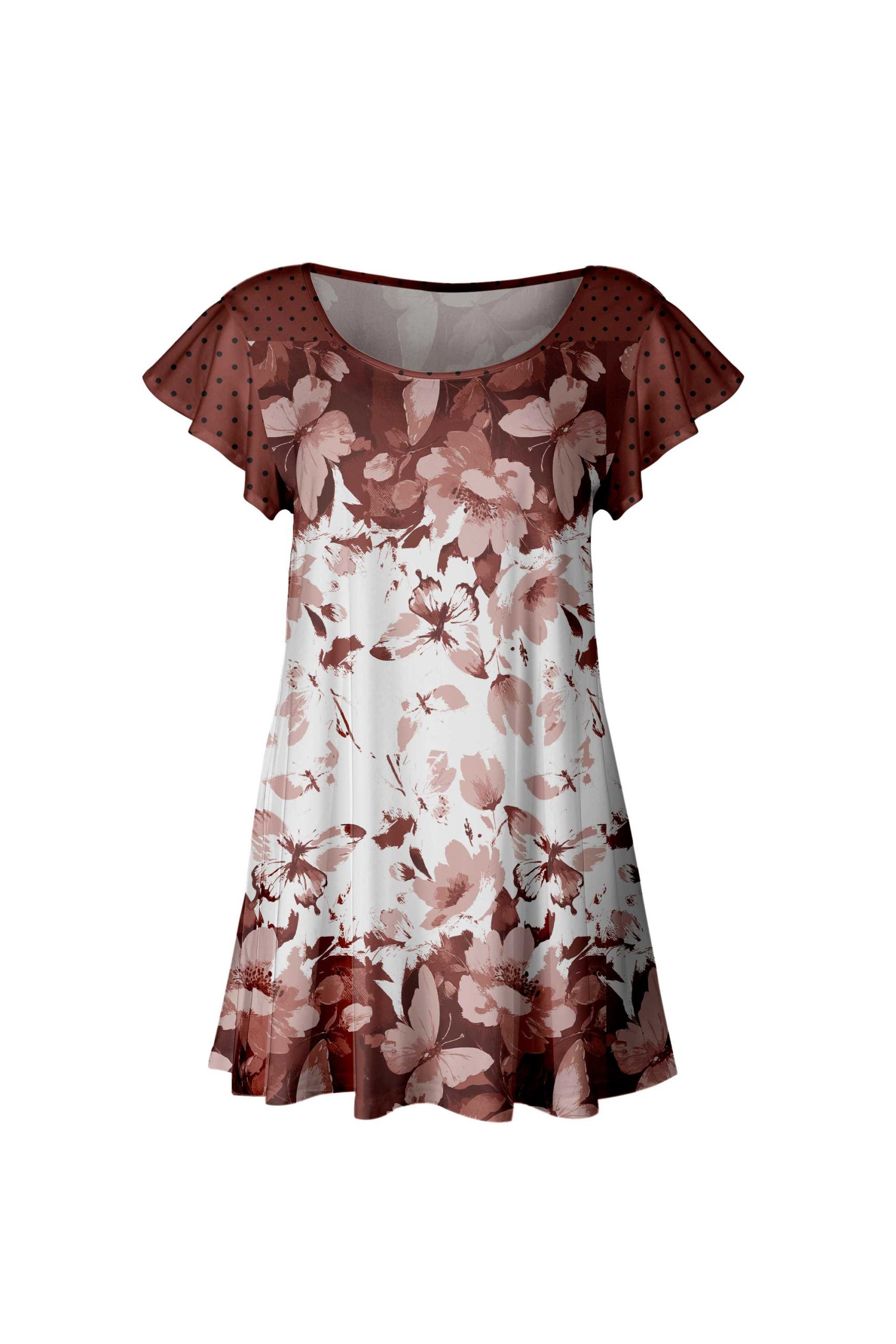 Lily by Firmiana Women's Short Sleeve Flutter Hem Tunic Top Brown & White Floral Border - Image 3