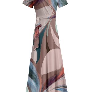 Lily by Firmiana Women's Short Sleeve Wrap-Style Maxi Dress with Tie Blue & Taupe Brushstroke Abstract