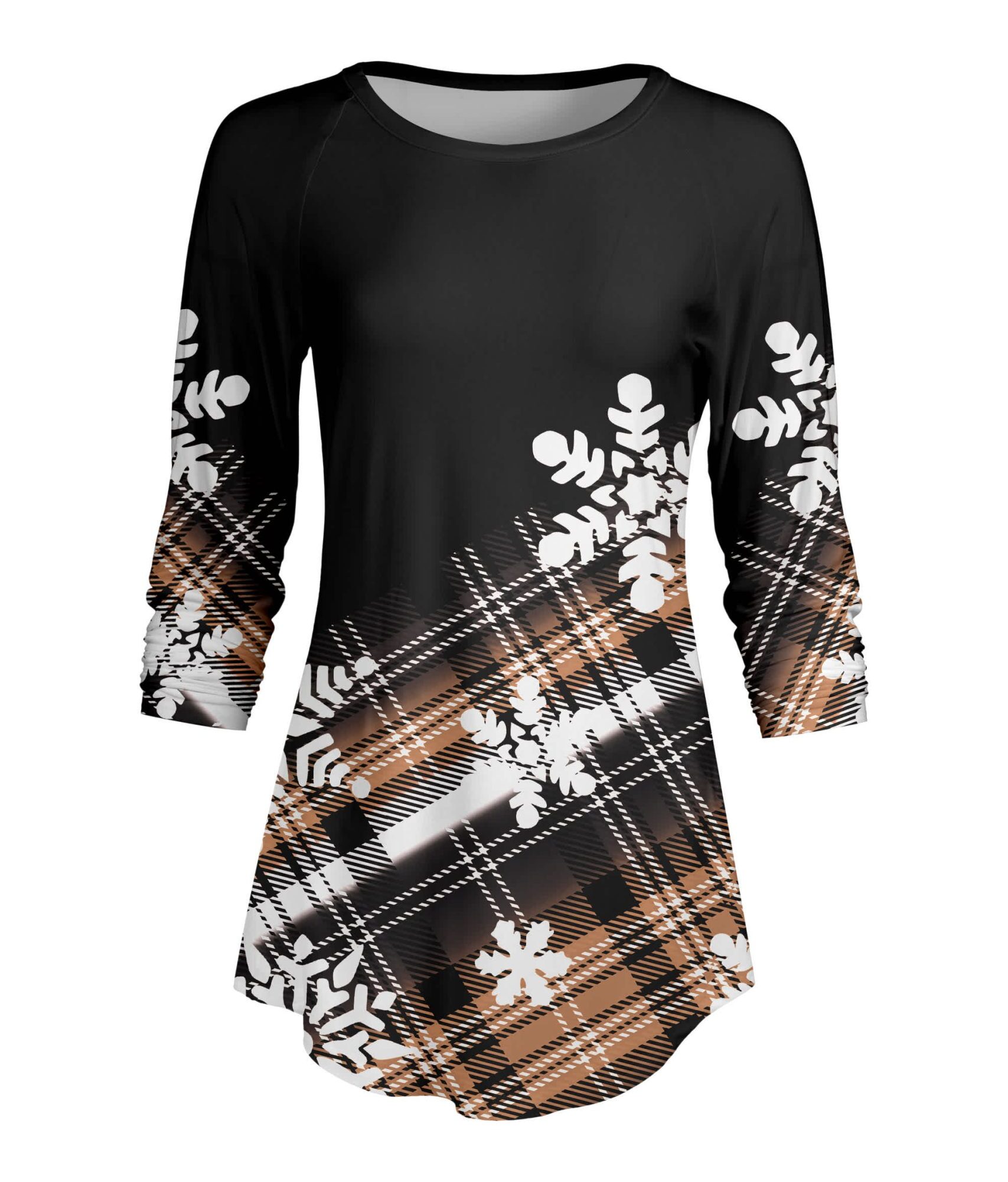 Lily by Firmiana Women's ¾ Sleeve Scoop Neck Tunic Top Brown and Black Snowflake Print