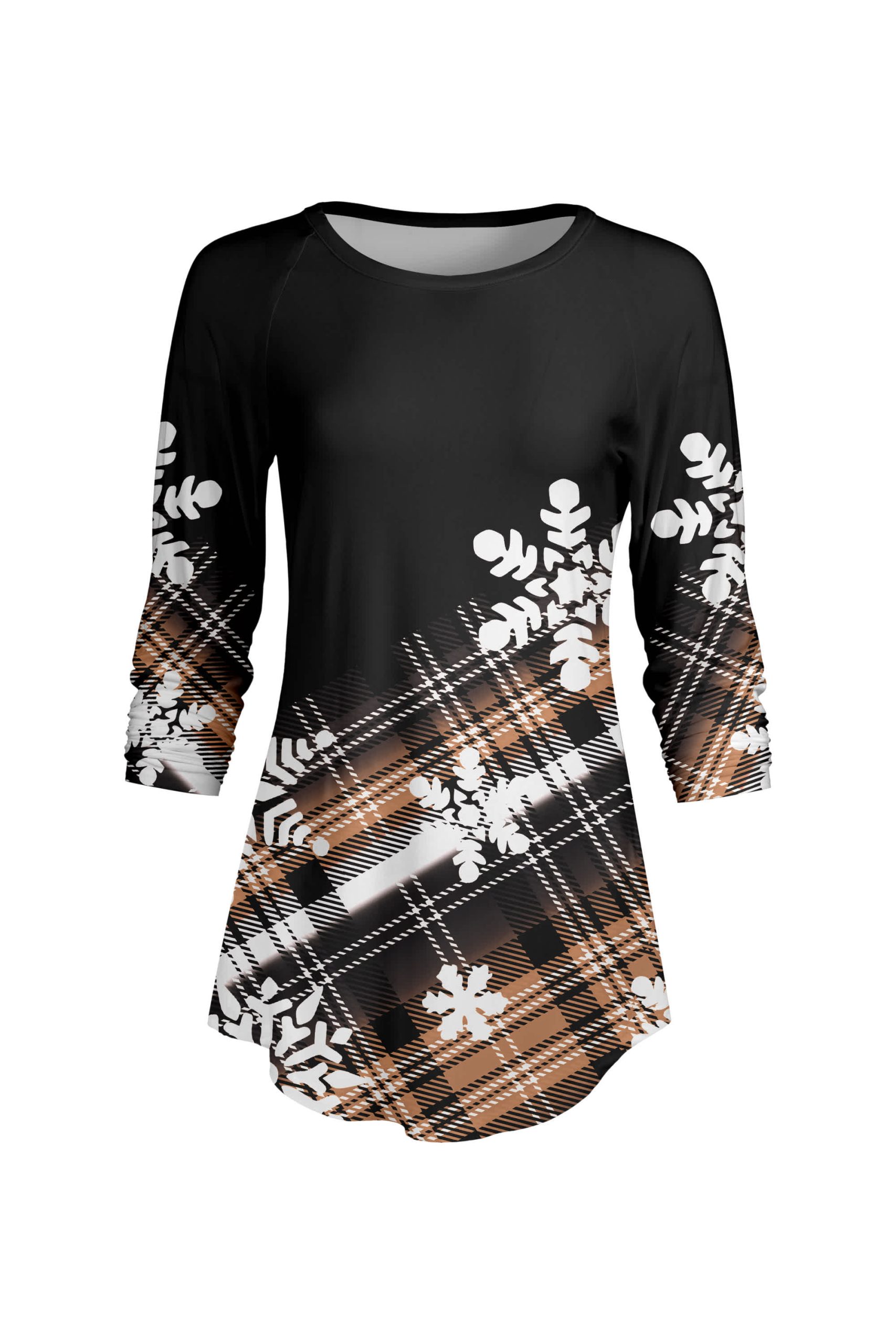 Lily by Firmiana Women's ¾ Sleeve Scoop Neck Tunic Top Brown and Black Snowflake Print