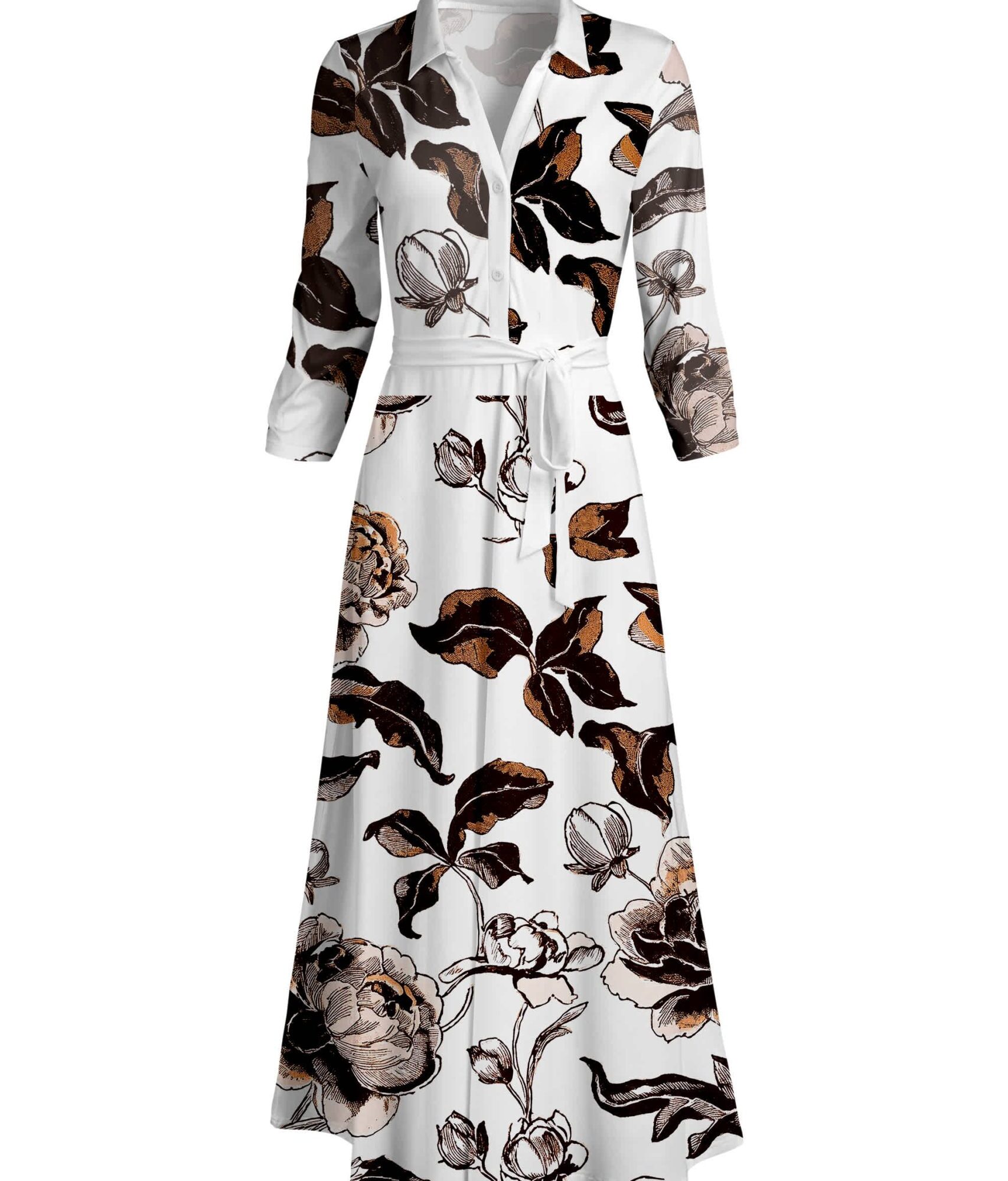 Lily by Firmiana Women's Long Sleeve Collared Maxi Dress with Tie White & Brown Feather Print