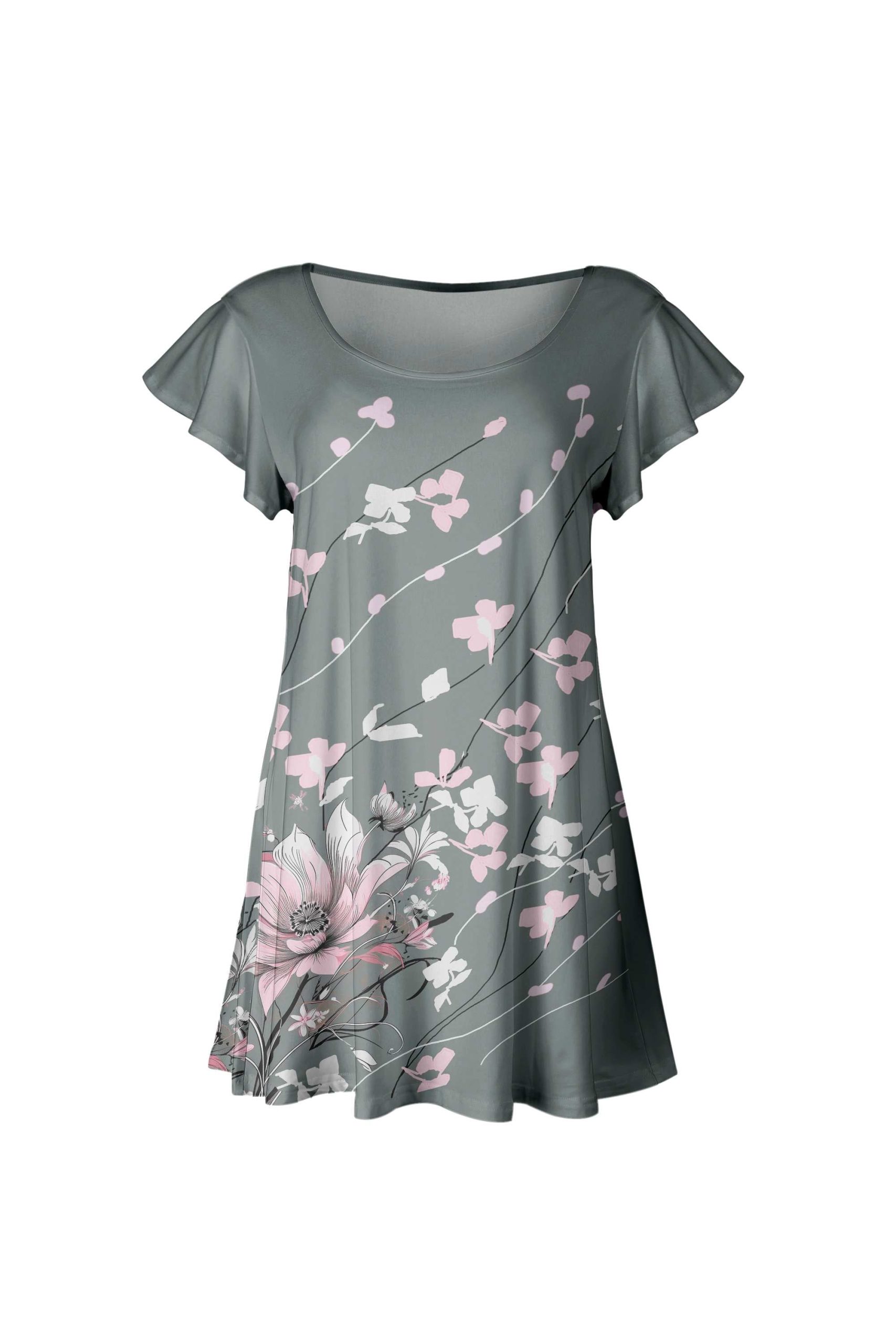 Lily by Firmiana Women's Short Sleeve Flutter Hem Tunic Top Gray & White Cherry Blossom Print - Image 2