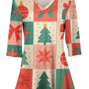 Lily by Firmiana Women's 3/4 Sleeve Notch Neck Tunic Red & Green Christmas Patchwork Print