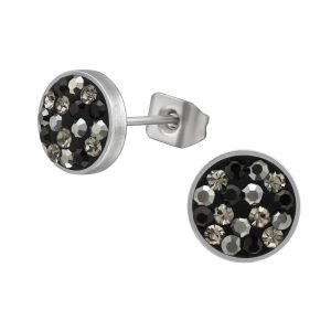 Stainless Steel & Jet Mix Cubic Zirconia Round Cluster Earrings